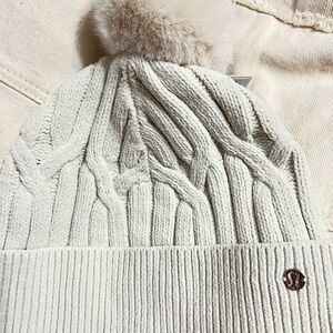 Cable-Knit Bone Beanie with Pom
